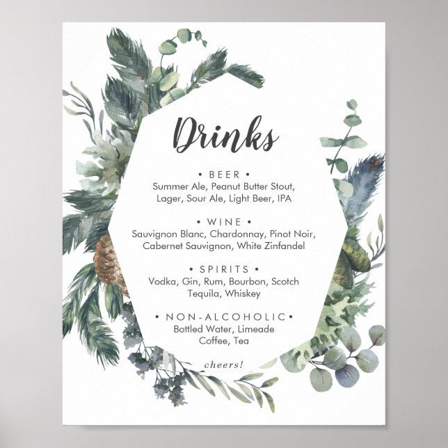 Menysignatur för Winter Greenery Bröllop Drinks Poster (Framsidan)