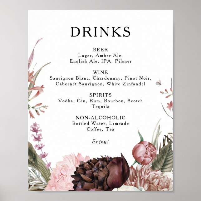 Menysignering för Burgundy Boho Blommigt Bröllop D Poster (Framsidan)