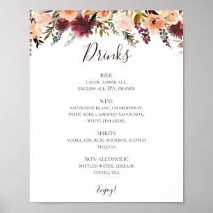 Menysignering för Burgundy Orange Blommigt Bröllop Poster