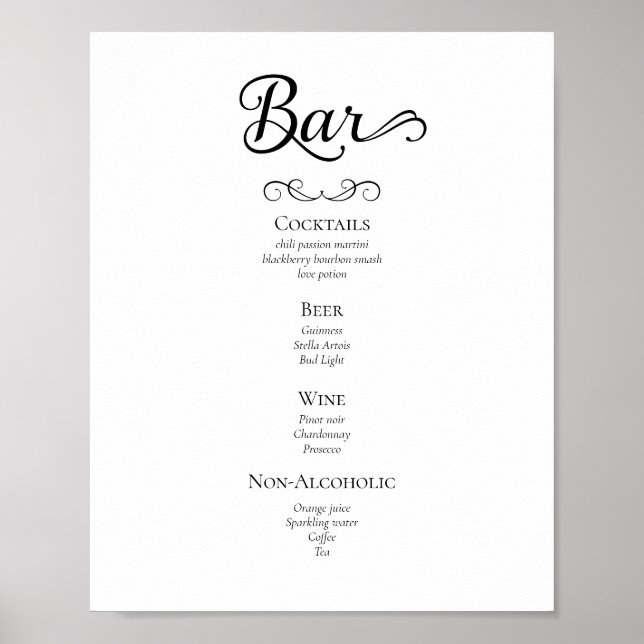 Menysignering för Calligraphy Script Bröllop Drink Poster (Framsidan)
