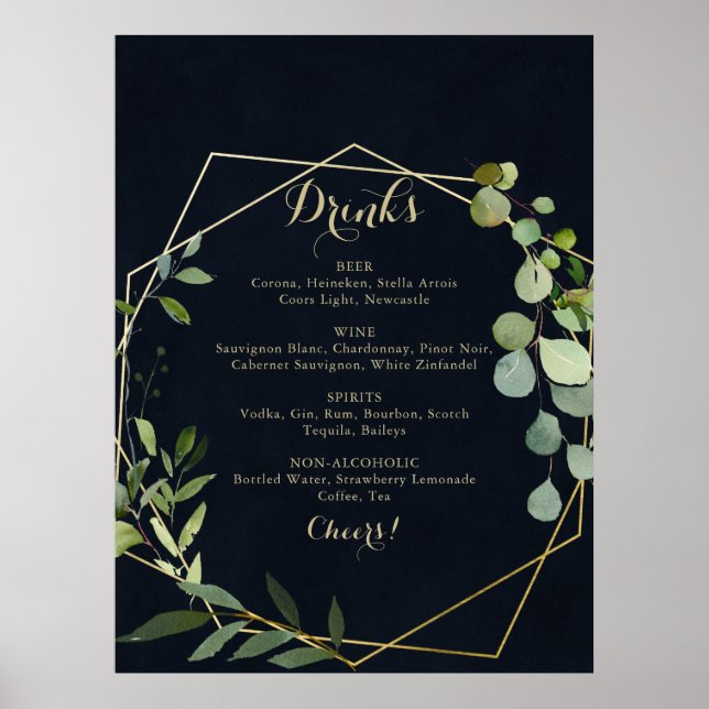Menysignering för Geometric Guld Blue Grönt Bröllo Poster (Framsidan)
