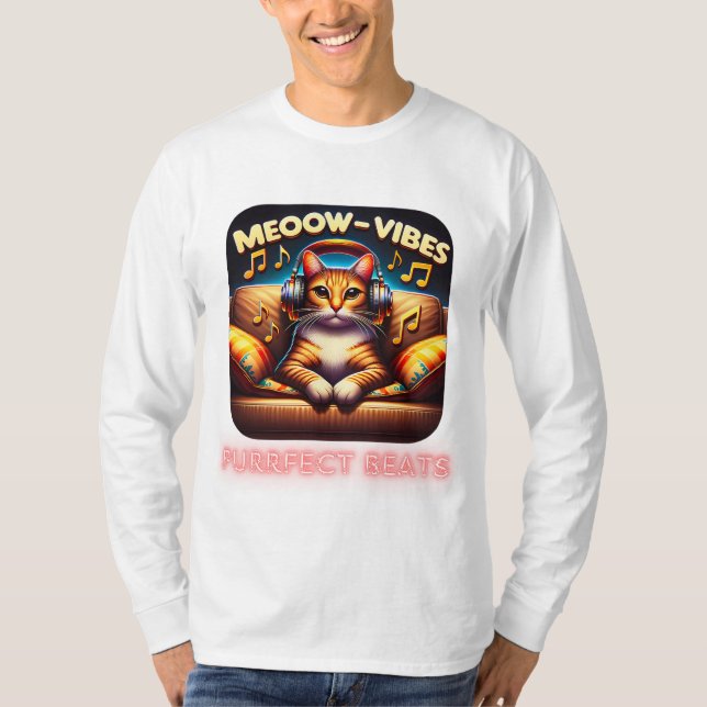 Meoow Vibes Cat med hörlurar och Musik noter T Shirt (Framsida)