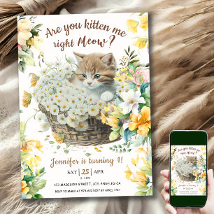 Meow! 1:a födelsedagskalkens Blommigt Cute Kitten Inbjudningar