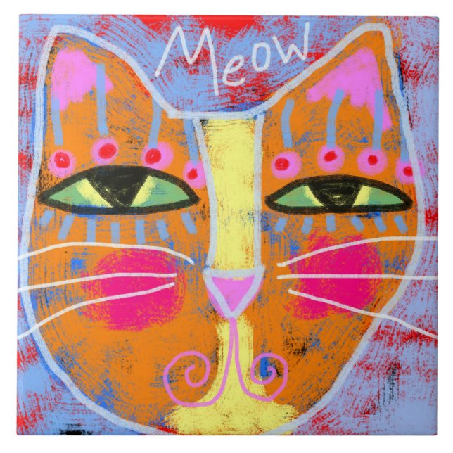 Meow Abstrakt Digital Cat-målning Kakelplatta (Framsidan)