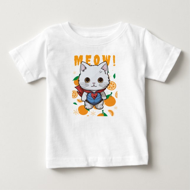 "MEOW!" Adorable Superhero Cat T-Shirt for Babies (Framsida)