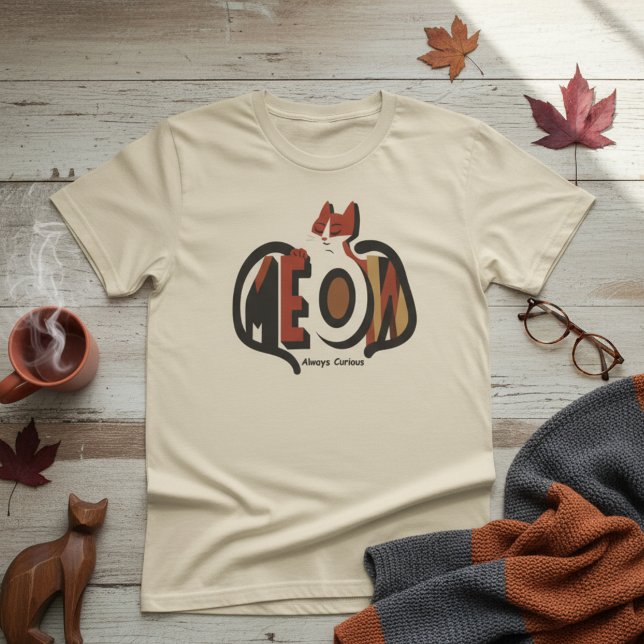 MEOW Alltid Nyfiken Katt Retro Typografi T Shirt (Skapare uppladdad)
