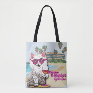 Meow and Merlot by Sea totebag Tote Bag Tygkasse