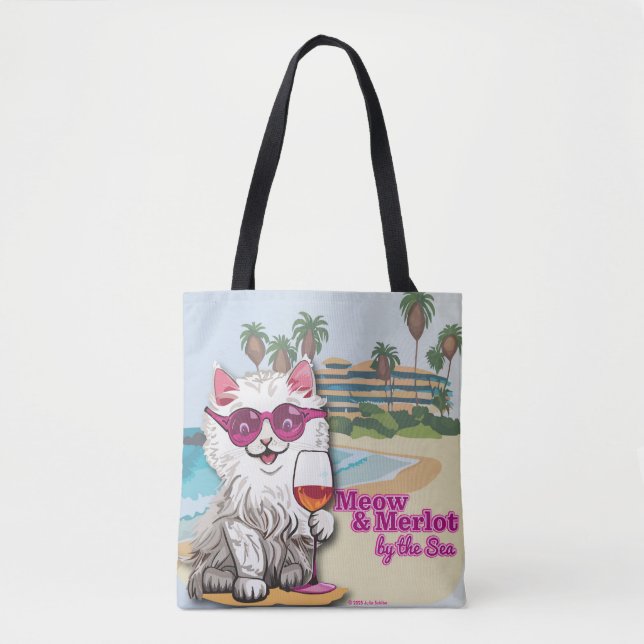 Meow and Merlot by Sea totebag Tote Bag Tygkasse (Framsida)