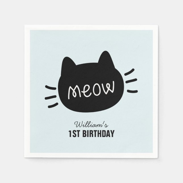 Meow Black Cat Ansikte Blue Boy Birthday Pappersservett (Framsidan)
