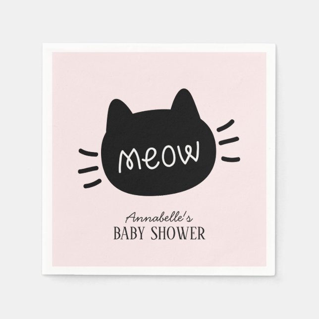 Meow Black Cat Ansikte Rosa Girl Baby Shower Pappersservett (Framsidan)
