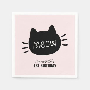 Meow Black Cat Ansikte Rosa Girl Birthday Pappersservett