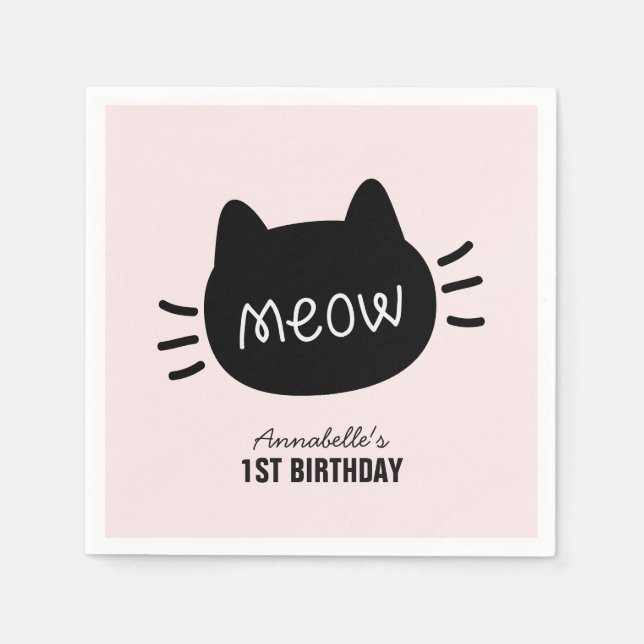 Meow Black Cat Ansikte Rosa Girl Birthday Pappersservett (Framsidan)