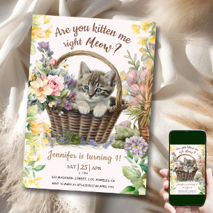 Meow! Blommigt Cute Kitten Girl Cat 1:a födelsedag Inbjudningar