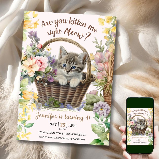 Meow! Blommigt Cute Kitten Girl Cat 1:a födelsedag Inbjudningar (Skapare uppladdad)