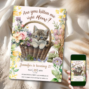Meow! Blommigt Cute Kitten Girl Cat 2:a födelsedag Inbjudningar