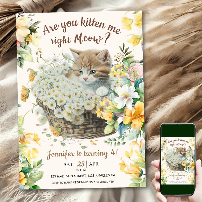 Meow! Blommigt Cute Kitten Girl Cat 4e födelsedage Inbjudningar (Skapare uppladdad)