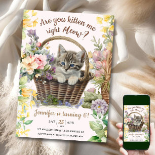 Meow! Blommigt Cute Kitten Girl Cat 6e Birthday Inbjudningar