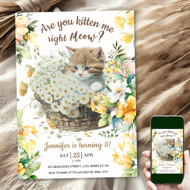 Meow! Blommigt Cute Kitten Girl Cat 8th Birday Inbjudningar (Skapare uppladdad)