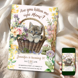 Meow! Blommigt Cute Kitten Girl Cat 9:e födelsedag Inbjudningar