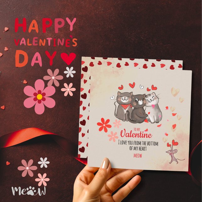 Meow Cute Cats-Valentineser - platta Helgdag Julkort (Meow Cute Cats Valentines Flat Holiday Card)