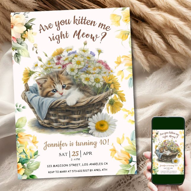 Meow! Cute Kitten Blommigt Kattunge 10:e födelseda Inbjudningar (Skapare uppladdad)
