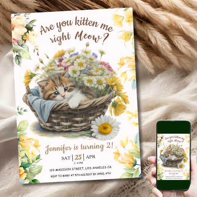 Meow! Cute Kitten Blommigt Kattunge 2:a födelsedag Inbjudningar (Skapare uppladdad)