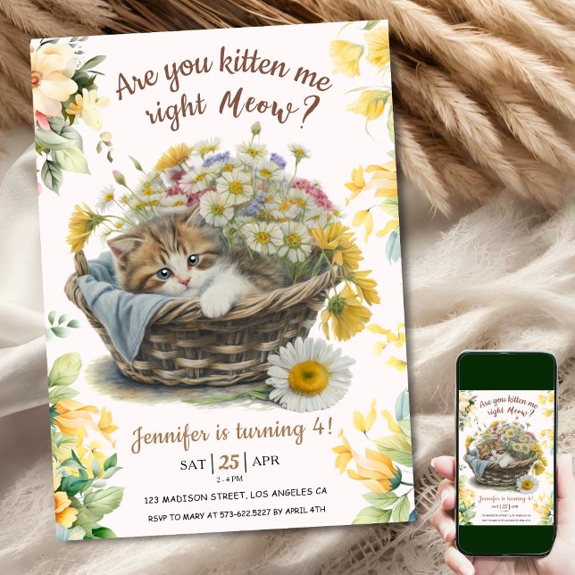 Meow! Cute Kitten Blommigt Kattunge 4e födelsedage Inbjudningar (Skapare uppladdad)