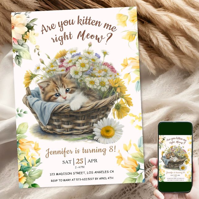Meow! Cute Kitten Blommigt Kattunge 8:e födelsedag Inbjudningar (Skapare uppladdad)