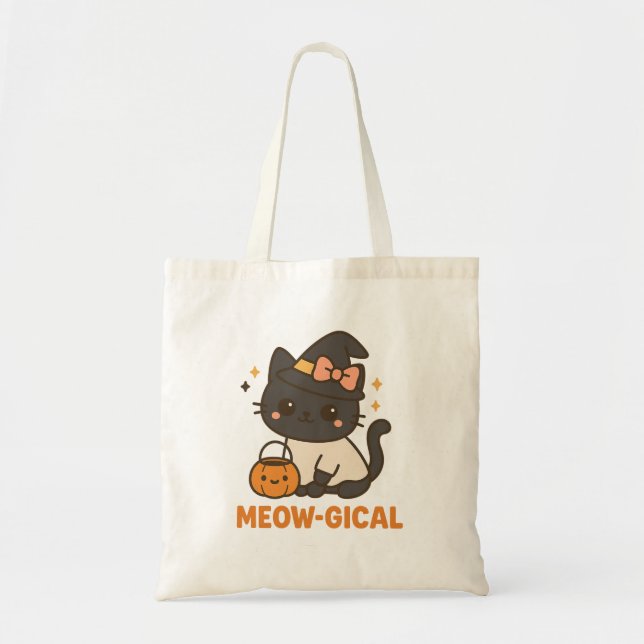 Meow-gical Halloween Tote Bag - Cute Witch Cat Tygkasse (Framsidan)