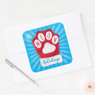 MEOW Helgdagar Cute Red Tass julklapp Mitten Fyrkantigt Klistermärke