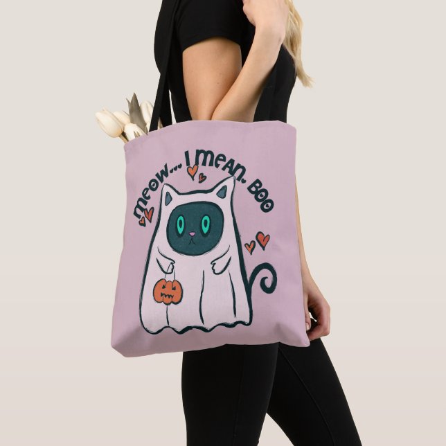 Meow I Elak Boo Cat Ghost Lila Halloween Tygkasse (Närbild)