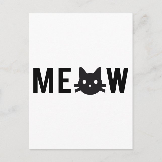 Meow, med svart katt ansikte, textdesign vykort (Framsida)