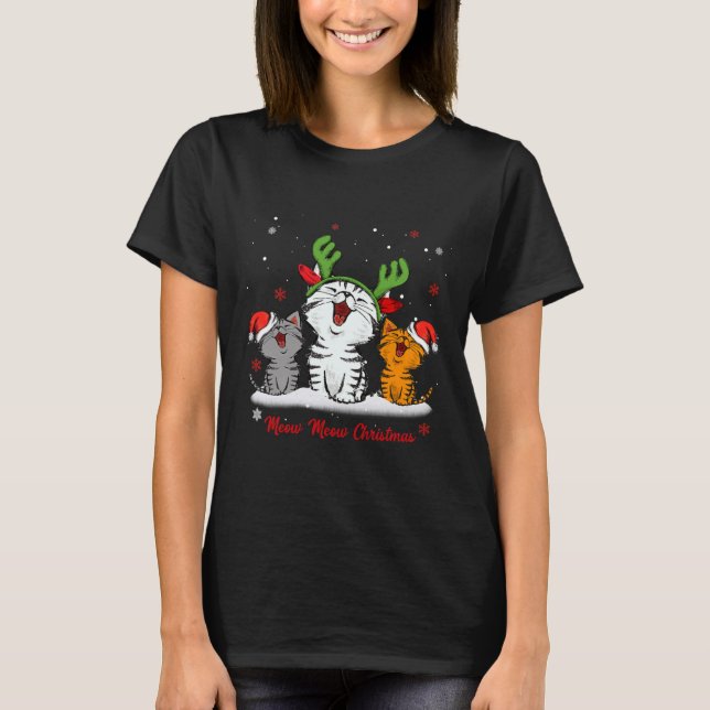 Meow Meow Christmas Cat Wear Reindeer T Shirt (Framsida)