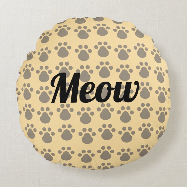 Meow, Paw Prints Rund Kudde (Framsidan)