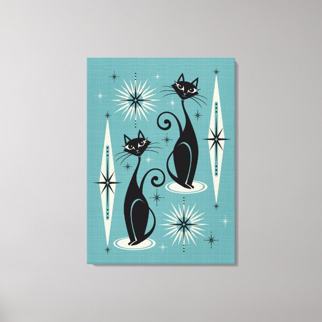 Meow Retro Atomic Cats on Blue Canvastryck (Framsida)