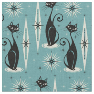Meow Retro Atomic Cats på blått II Tyg