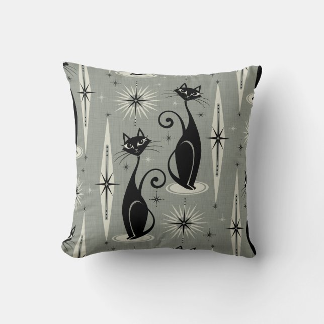 Meow Retro Atomic Cats på Grått Kudde (Framsida)