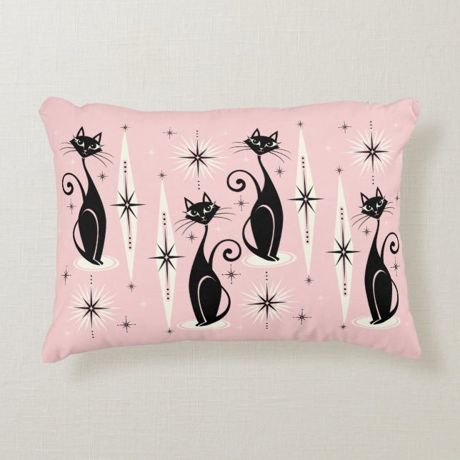 Meow Retro Atomic Cats - Warm Rosa Prydnadskudde (Framsidan)