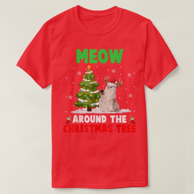Meow runt Julgran Santa Reindeer Cat T Shirt (Design framsida)