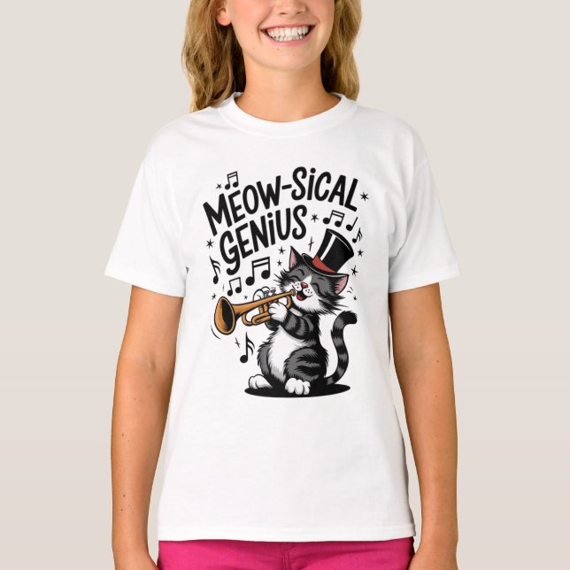 Meow-sical Genius Cute Cat Putumpet Graphic T Shirt (Framsida)
