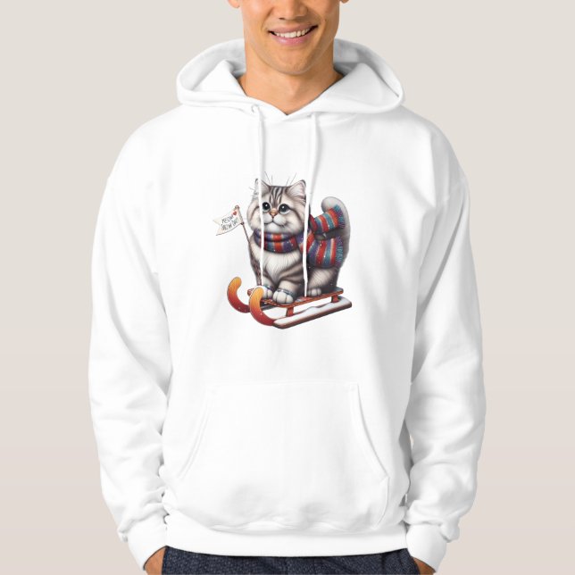 "Meow Snow Day! Cute Kitten on Sled with Scarf Hoodie (Framsida)