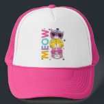 Meow! Stacked Cool Cats Keps<br><div class="desc">A vibrant and playful illustration featuring three stylish cats stacked vertically, each with unique sunglasses. The word "MEOW" is prominently displayed vertically on the left side of the image. The cats are in shades of purple, yellow, and pink, set against a black background with subtle heart and paw print details....</div>