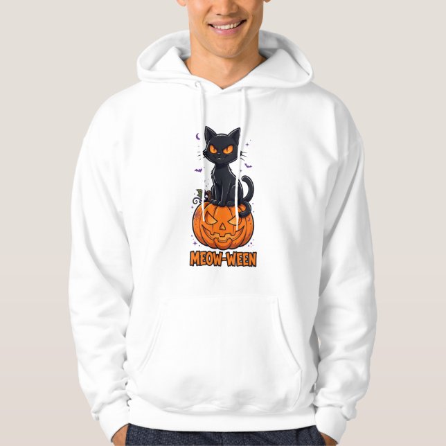 Meow-Ween Svart Katt Halloween Hoodie (Framsida)