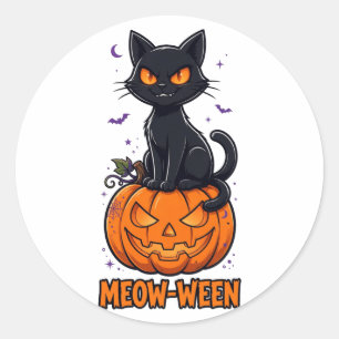 Meow-Ween Svart Katt Halloween Runt Klistermärke