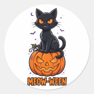 Meow-Ween Svart Katt Halloween Runt Klistermärke