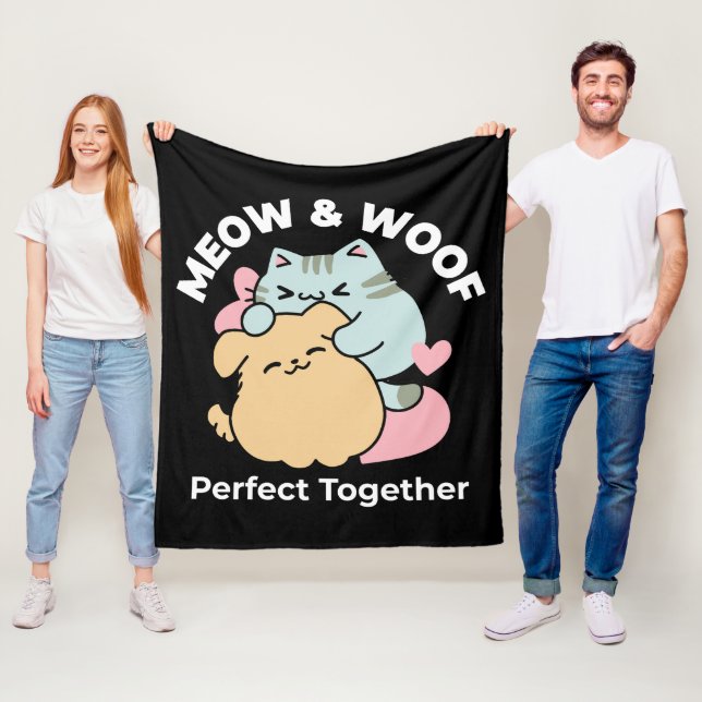 Meow & Woof Perfekt tillsammans - Cute Cat och Hun Fleecefilt (På plats)
