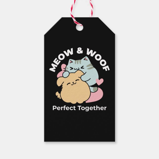Meow & Woof Perfekt tillsammans - Cute Cat och Hun Presentetikett (Framsidan)