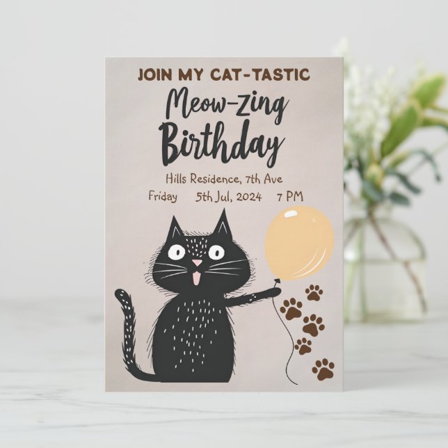 Meow-zing Birthday! Black Cat Går med min kattstas Inbjudningar (Stående Fram)