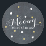 Meoway jul Black Chalkboard Cat Star Helgdag Runt Klistermärke<br><div class="desc">Den här söta "meowy christmas"-helgdag har mönster av faux guld-stjärnor och vit katt ansikte på en svart kritbakgrund. Anpassa efter dina behov. Du hittar fler matchande produkter i min butik.</div>