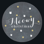 Meoway jul Black Chalkboard Cat Star Helgdag Runt Klistermärke<br><div class="desc">Den här söta "meowy christmas"-helgdag har mönster av faux guld-stjärnor och vit katt ansikte på en svart kritbakgrund. Anpassa efter dina behov. Du hittar fler matchande produkter i min butik.</div>